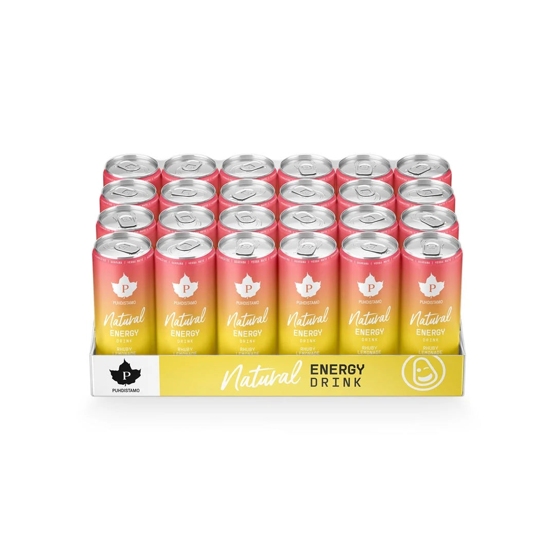 24 x Puhdistamo Natural Energy Drink 330 ml Rhuby Lemonade keltaisella lavalla, jossa on vaaleanpunaisia ja keltaisia tölkkejä., kuva 1/1