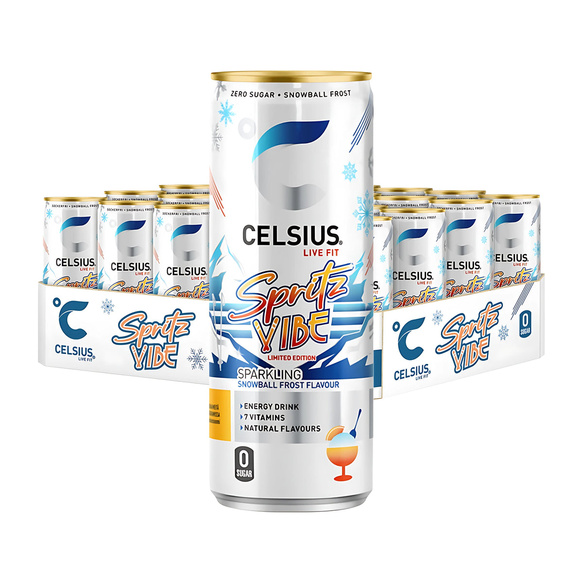 24 x Celsius 355 ml Spritz Vibe -energiajuoma valkoisissa ja sinisissä tölkeissä, yksi tölkki seisomassa 24-pakkauksen edessä.