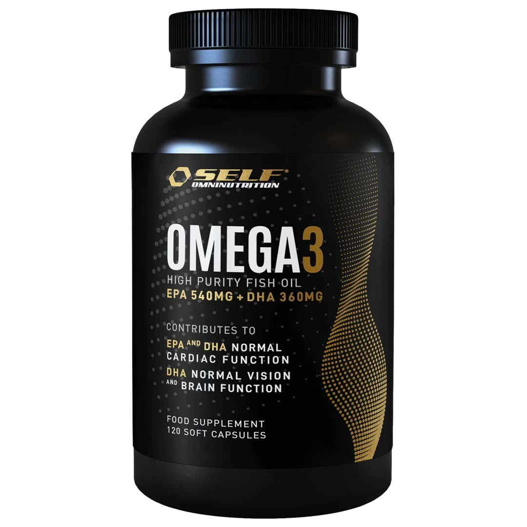 Self Omninutrition Omega-3 Fish Oil 120 caps mustassa purkissa kultaisilla ja valkoisilla yksityiskohdilla., kuva 1/1