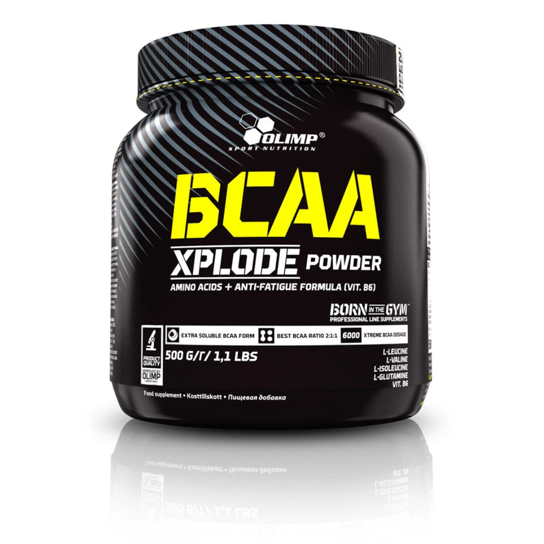 Olimp BCAA Xplode 500 g -aminohappojauhe mustassa purkissa, jossa on keltaisia yksityiskohtia., kuva 1/3