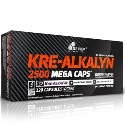 Musta pakkaus oranssilla tekstillä Olimp Kre-Alkalyn Mega 120 caps -tuotteelle, puskuroitua kreatiinia kapselimuodossa., kuva 1/1