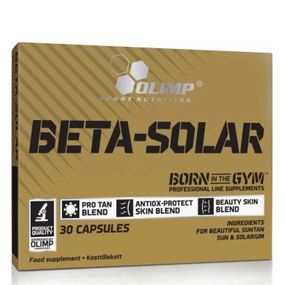 Olimp Beta Solar 30 caps -ravintolisä kullanvärisessä rasiassa, jossa on mustaa tekstiä ja valkoisia yksityiskohtia., kuva 1/1