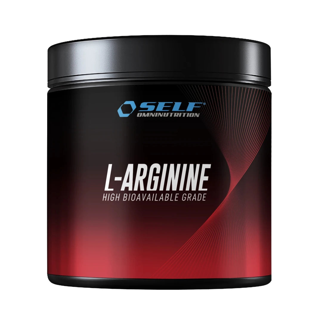 Svart burk med röda detaljer innehållande Self Omninutrition Arginine 200 g rent L-arginin i pulverform., bild 1 av 1