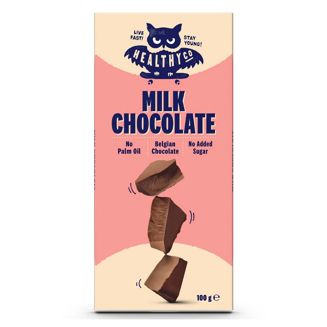 HealthyCo Chocolate 100 g -maitosuklaa beige-pinkissä pakkauksessa, jossa on kolme pinottua suklaapalaa., kuva 1/1