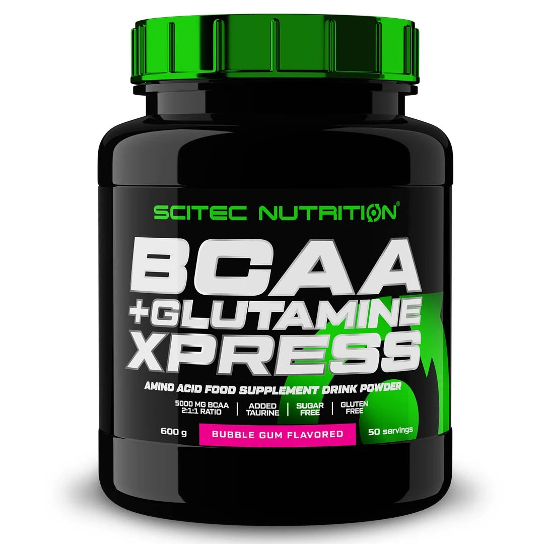 Scitec Nutrition BCAA + Glutamine Xpress 600 g i en svart burk med gröna detaljer och smak av Bubble Gum., bild 1 av 1