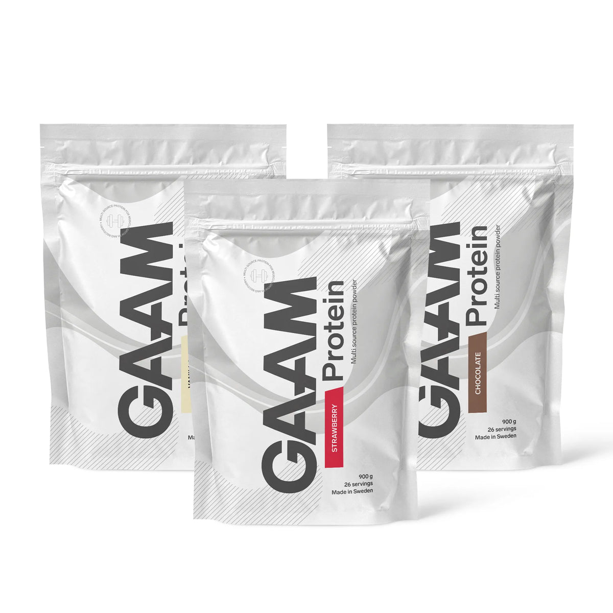 3 x GAAM Protein 900 g -proteiinijauhetta kolmessa valkoisessa pussissa, makuina Vanilla, Chocolate ja Strawberry., kuva 1/1
