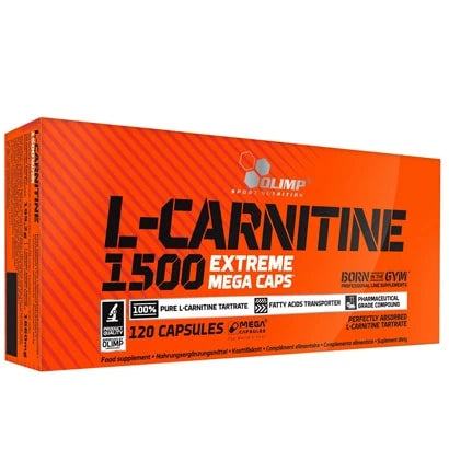 Olimp L-Carnitine 1500 Extreme Mega caps 120 caps oranssissa pahvipakkauksessa mustalla tekstillä., kuva 1/1