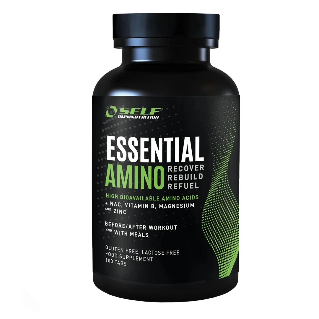 Self Omninutrition Essential Amino 100 tabs -aminohapot mustassa purkissa vihreillä ja valkoisilla yksityiskohdilla.