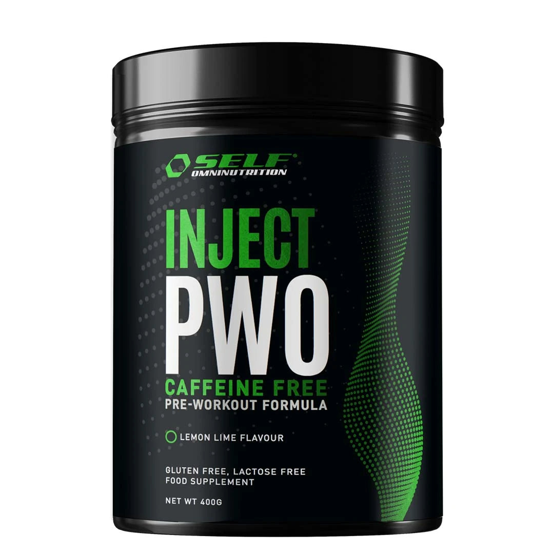 Musta purkki vihreällä tekstillä, sisältönä Self Omninutrition Inject PWO Caffeine Free 400 g, makuna Lemon Lime., kuva 1/1