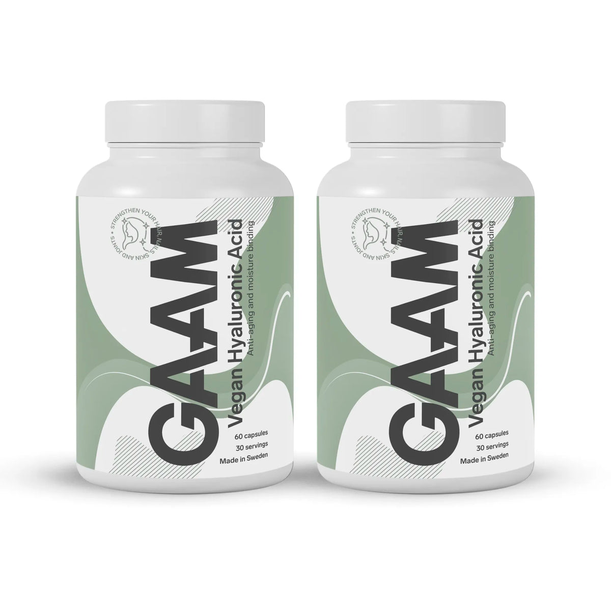 2 x GAAM Vegan Hyaluronic acid &amp; vitamin C 60 caps kahdessa valkoisessa purkissa vihreillä ja harmailla yksityiskohdilla., kuva 1/1