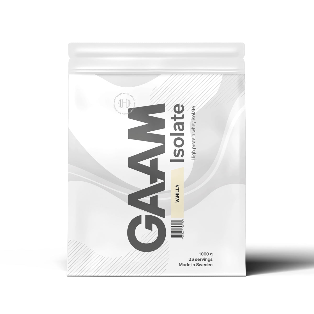 GAAM Isolate 1 kg -proteiinijauhe valkoisessa pussissa, makuna Vanilla.