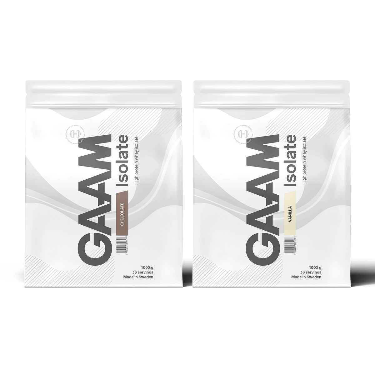 2 x GAAM Isolate 1 kg vassleproteinisolat i två vita påsar för smakerna Chocolate och Vanilla.