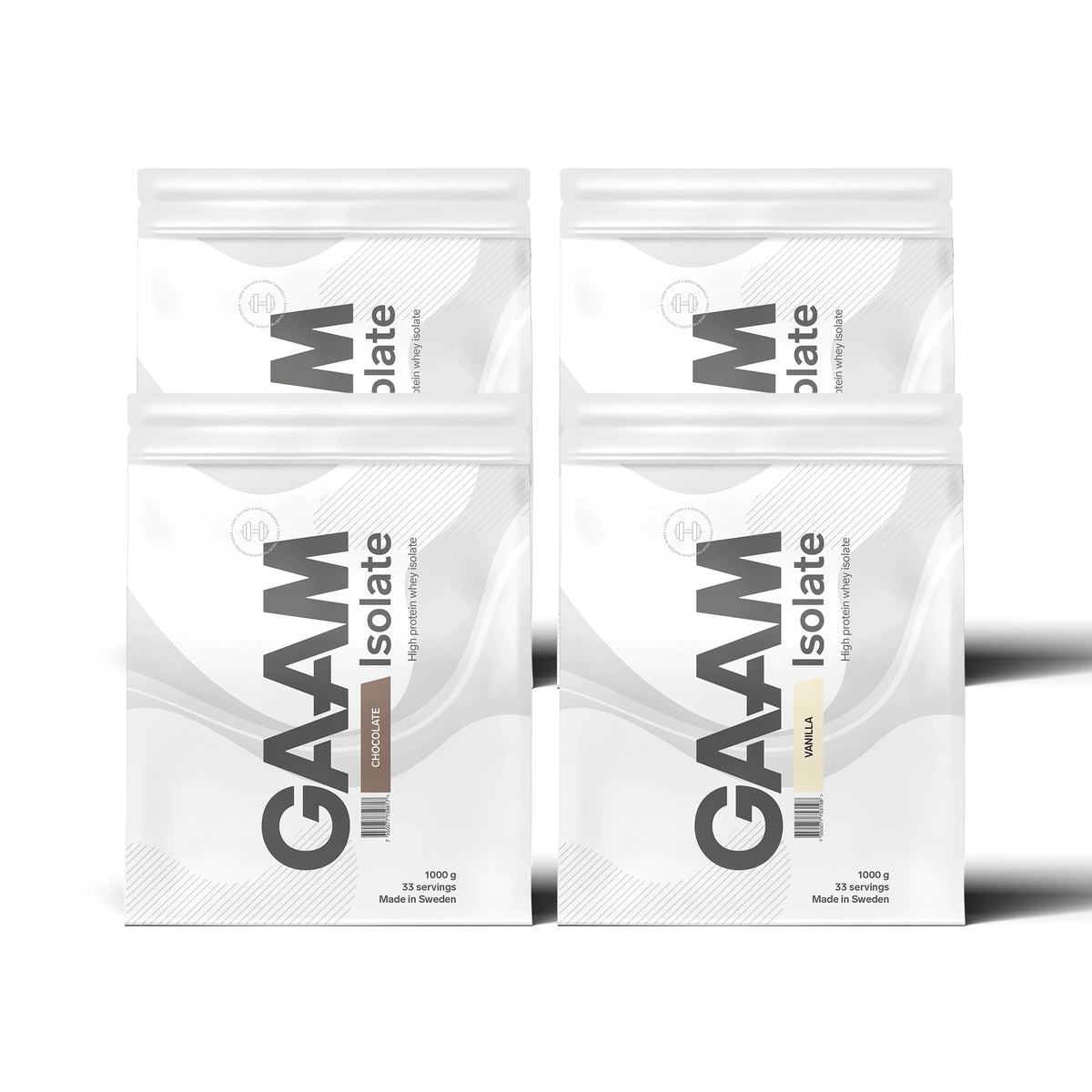 4 x GAAM Isolate 1 kg -heraproteiini-isolaattia neljässä valkoisessa pussissa, makuina Chocolate ja Vanilla., kuva 1/1