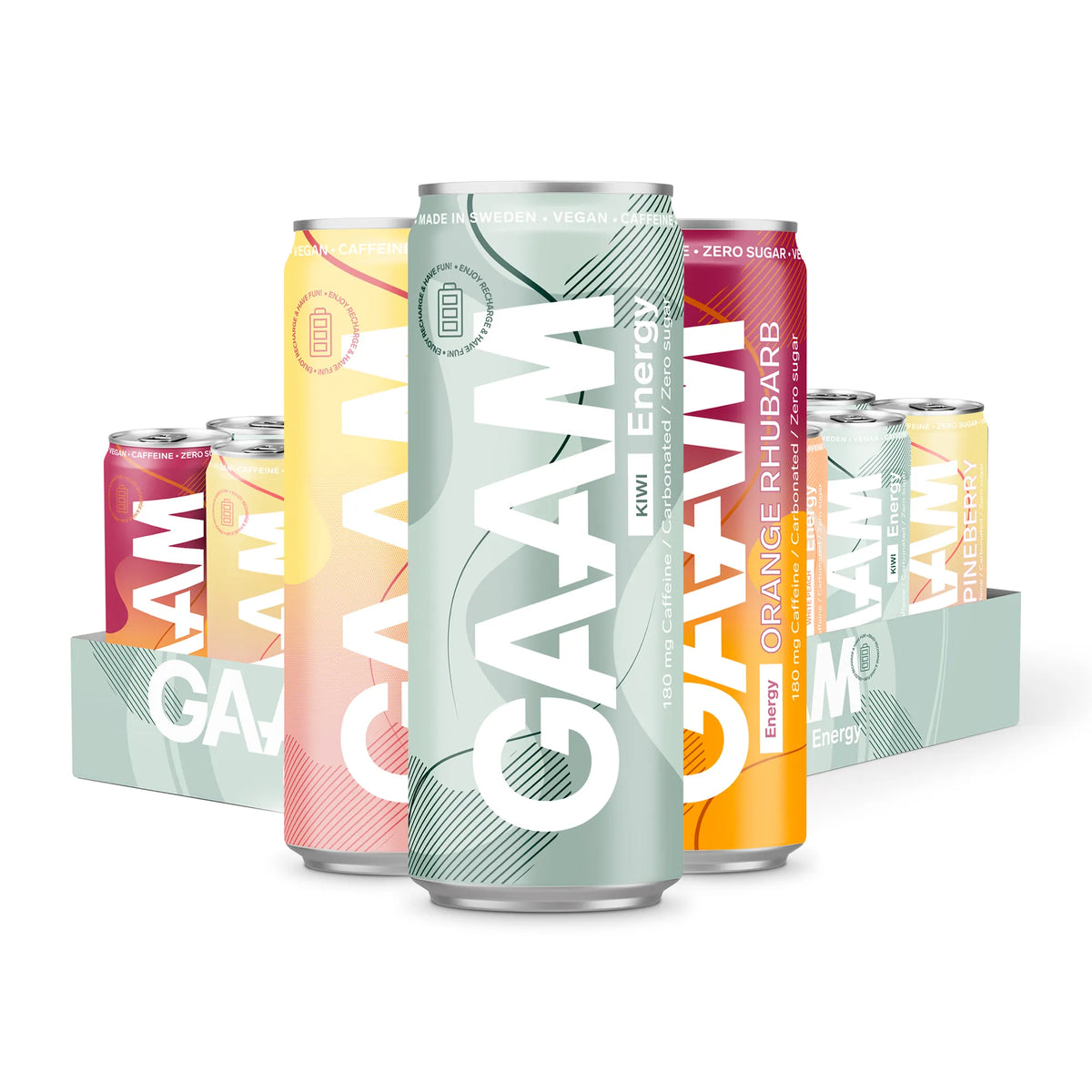24 x GAAM Energy 330 ml Mixflak vaaleanvihreässä laatikossa täynnä värikkäitä erimakuisia energiajuomatölkkejä., kuva 1/1