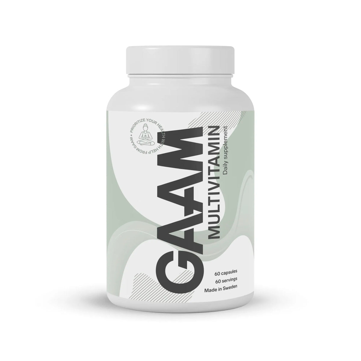 Valkoinen purkki GAAM Multivitamin 60 caps -kapseleita vaaleanvihreällä etiketillä ja isolla mustalla tekstillä., kuva 1/1