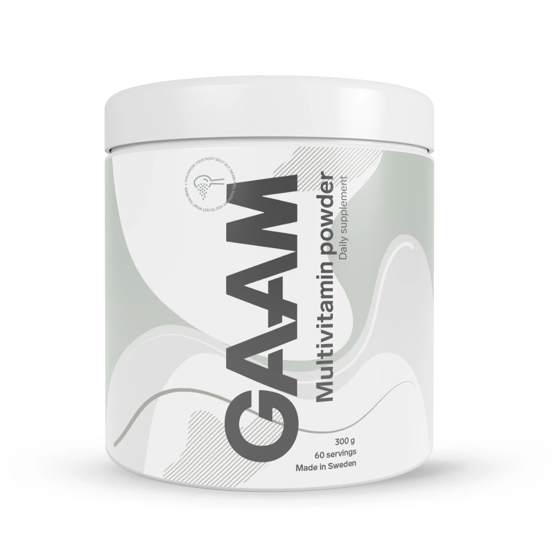 Valkoinen purkki, jossa on GAAM Multivitamin Powder 300 g -monivitamiinijauhetta., kuva 1/1