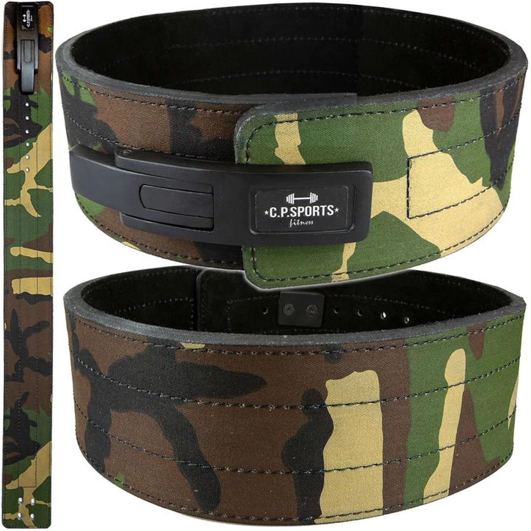 Maastokuvioinen nahkainen C.P. Sports Powerlifting Lever Belt Camo -nostovyö pikalukolla.