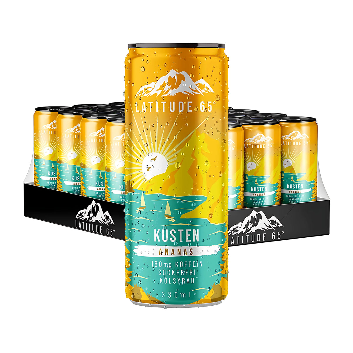 24 x Latitude 65 330 ml Kusten - Ananas -energiajuoma 24 tölkin pakkauksessa keltaisin ja turkoosein tölkein.