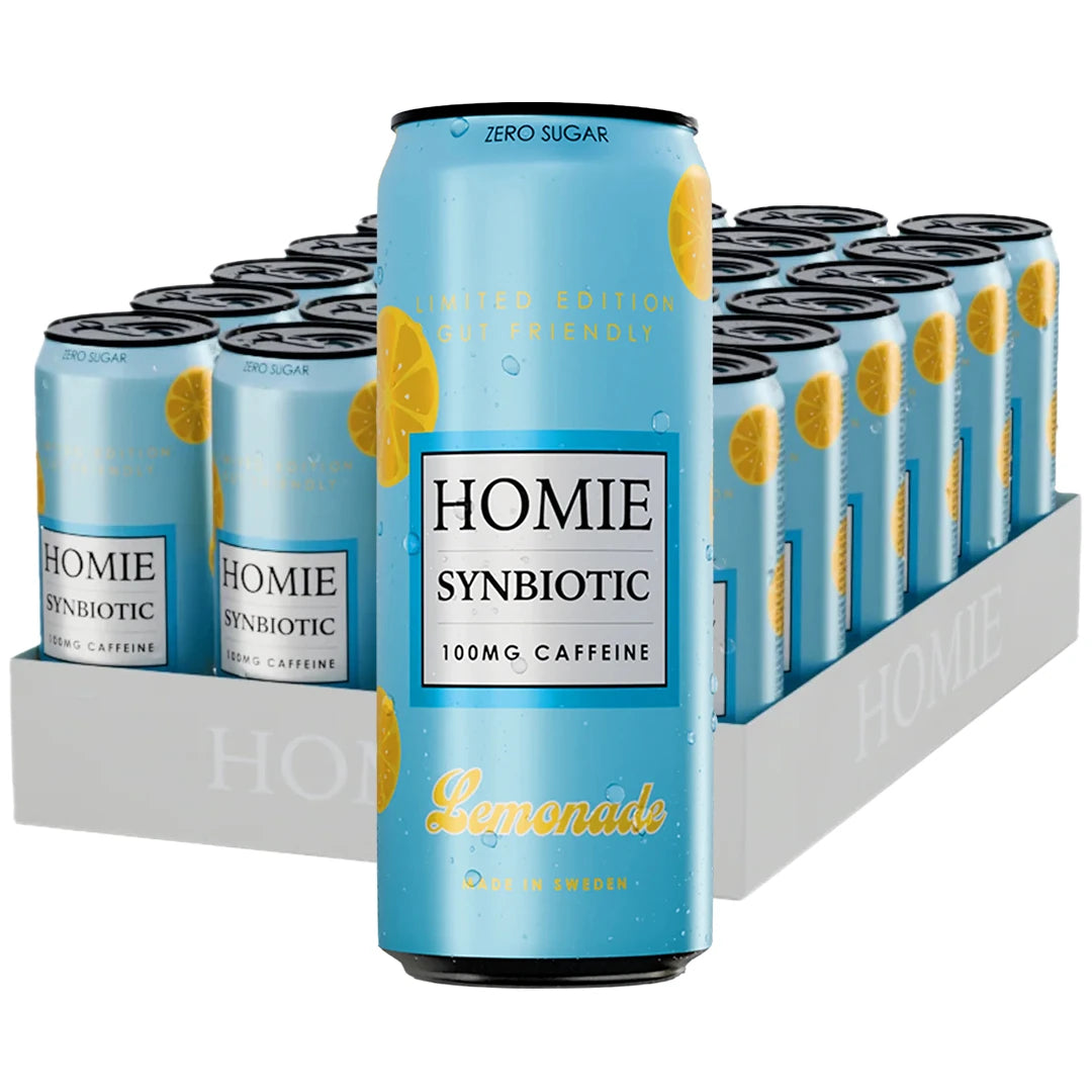 24 x Homie Wake Up Synbiotic 330 ml Lemonade valkoisessa laatikossa, vaaleansinisiä tölkkejä keltaisilla sitruunoilla., kuva 1/1