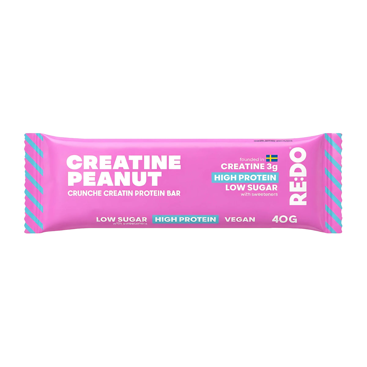 REDO Creatine Bar 40 g -vegaaninen proteiinipatukka vaaleanpunaisessa pakkauksessa, makuna Peanut Caramel., kuva 2/3