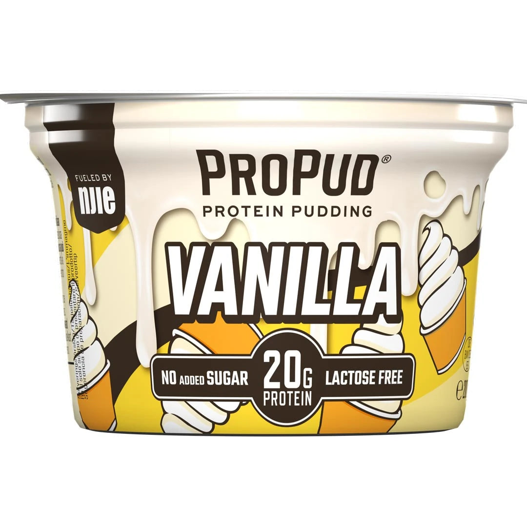 NJIE ProPud 200 g -proteiinivanukas kelta-valkoisessa rasiassa ruskeilla yksityiskohdilla, makuna Vanilla., kuva 1/4