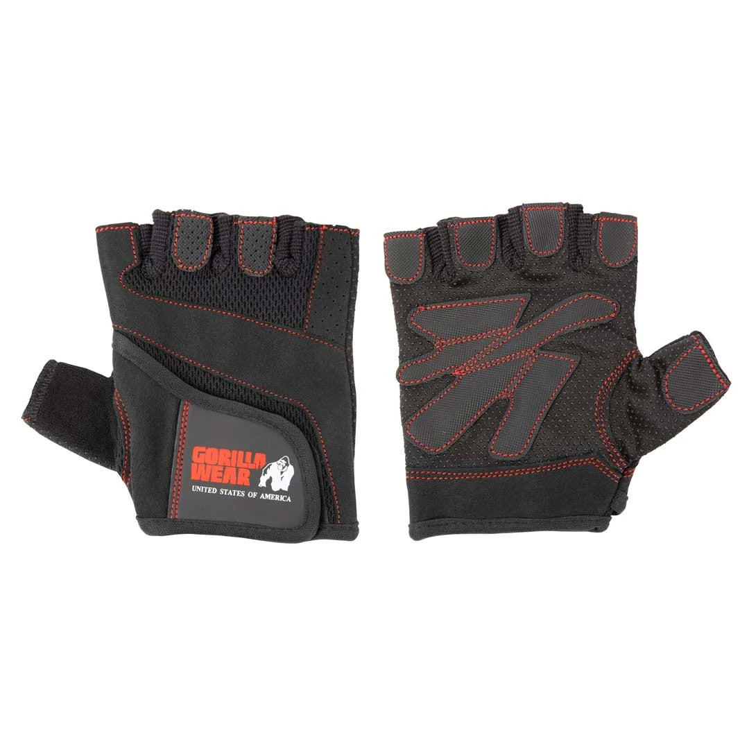 Mustat Gorilla Wear Womens Fitness Gloves Black/Red -treenihanskat punaisilla yksityiskohdilla ja tarrakiinnityksellä.