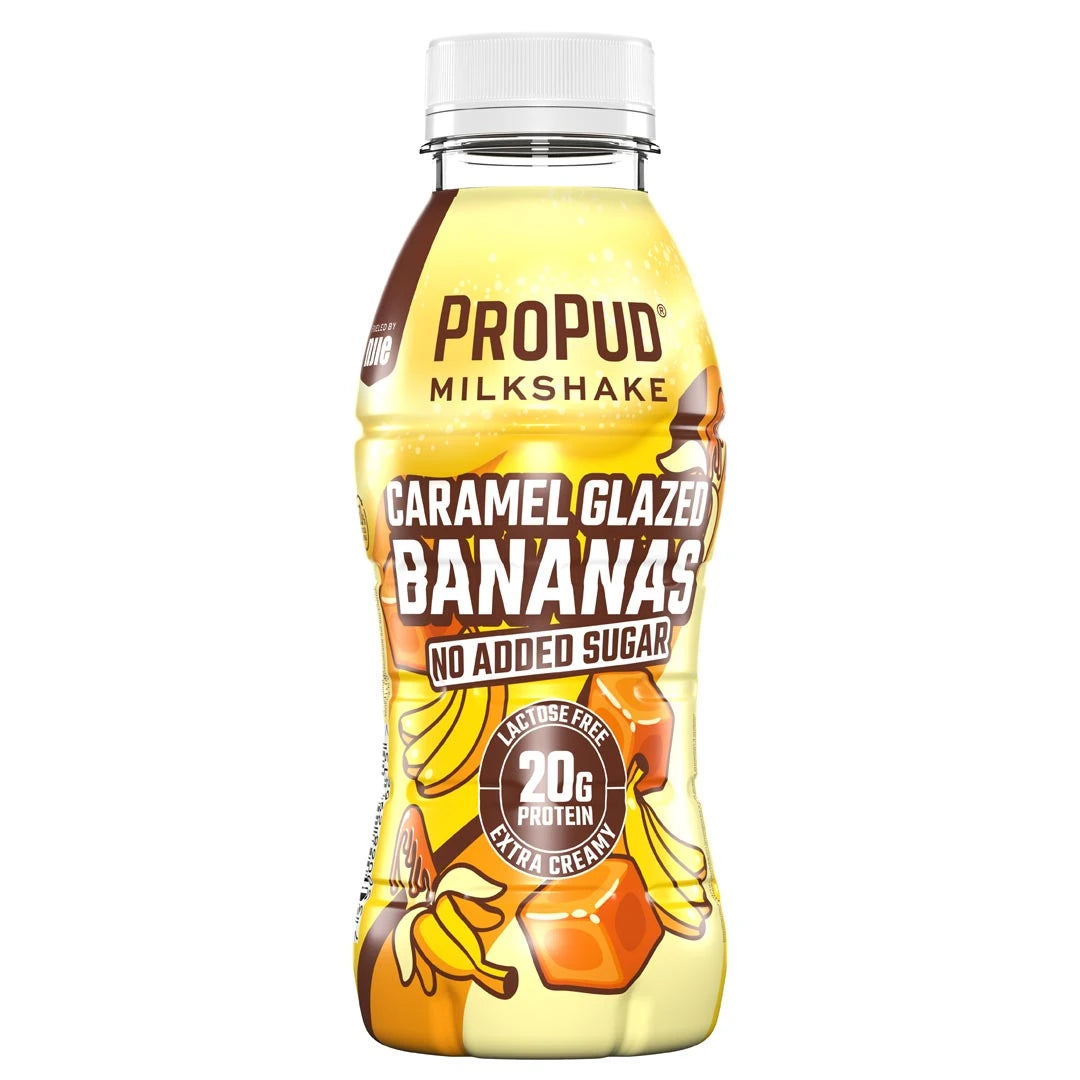 NJIE ProPud Protein Milkshake 330 ml i en gul plastflaska med bruna detaljer för smaken Caramel Glazed Banana., bild 4 av 11