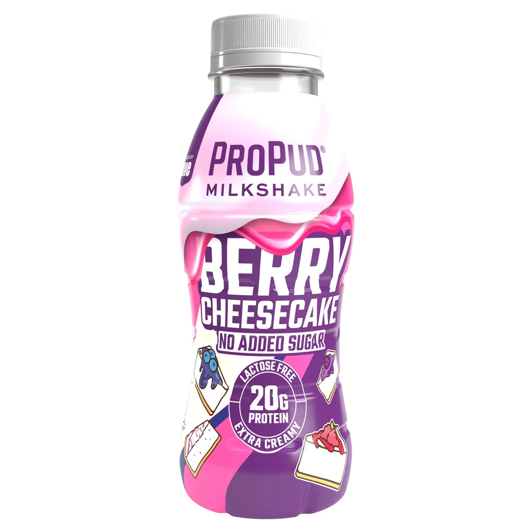 NJIE ProPud Protein Milkshake 330 ml i en plastflaska med rosa och lila etikett för smaken Berry Cheesecake., bild 5 av 11