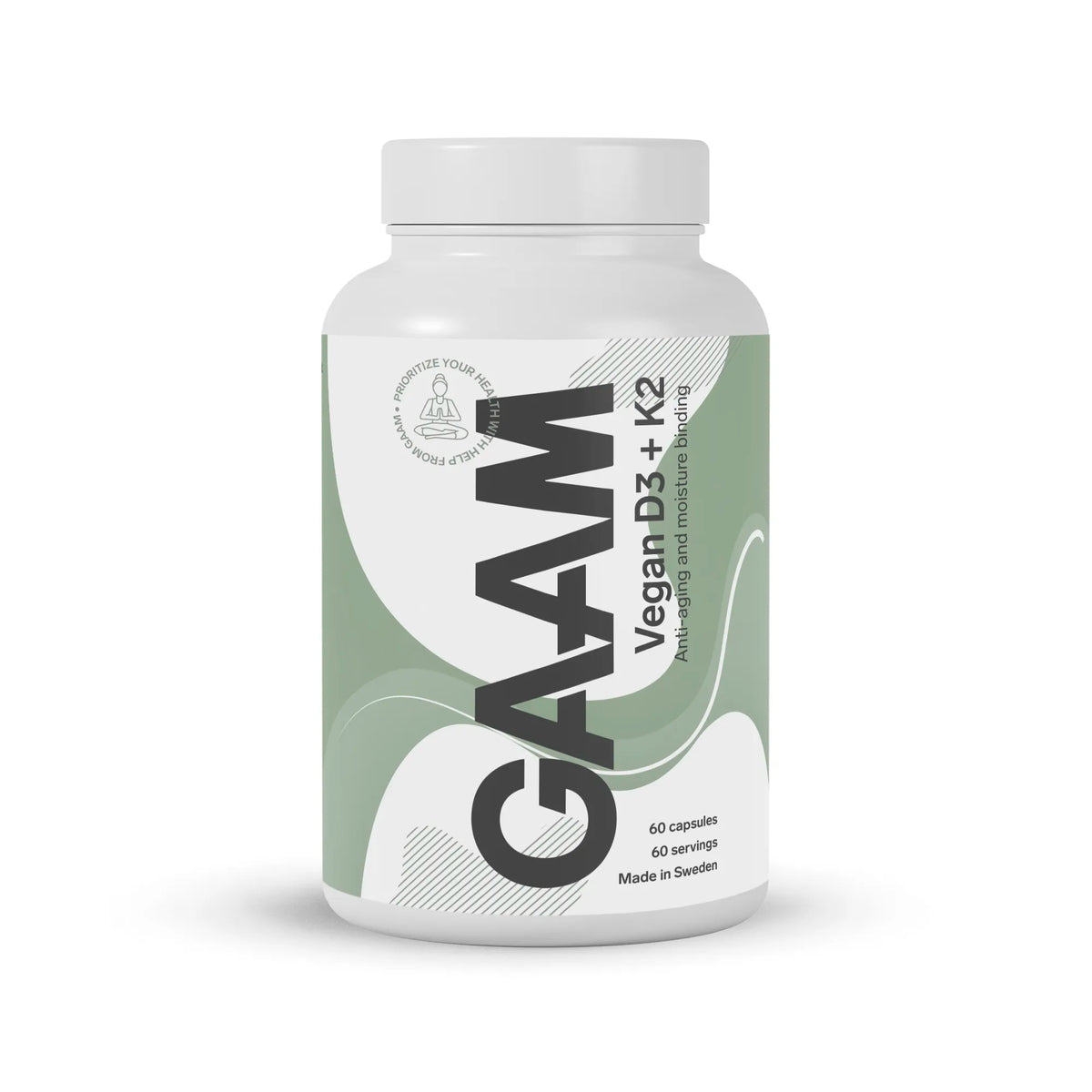 GAAM Vegan D3 + K2 60 caps -vitamiinikapselit valkoisessa purkissa, jossa on vaaleanvihreä ja valkoinen etiketti., kuva 1/1