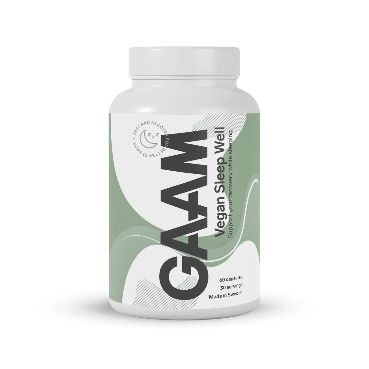 GAAM Vegan Sleep Well 60 caps valkoisessa purkissa vihrein ja harmain yksityiskohdin uneen ja palautumiseen., kuva 1/1
