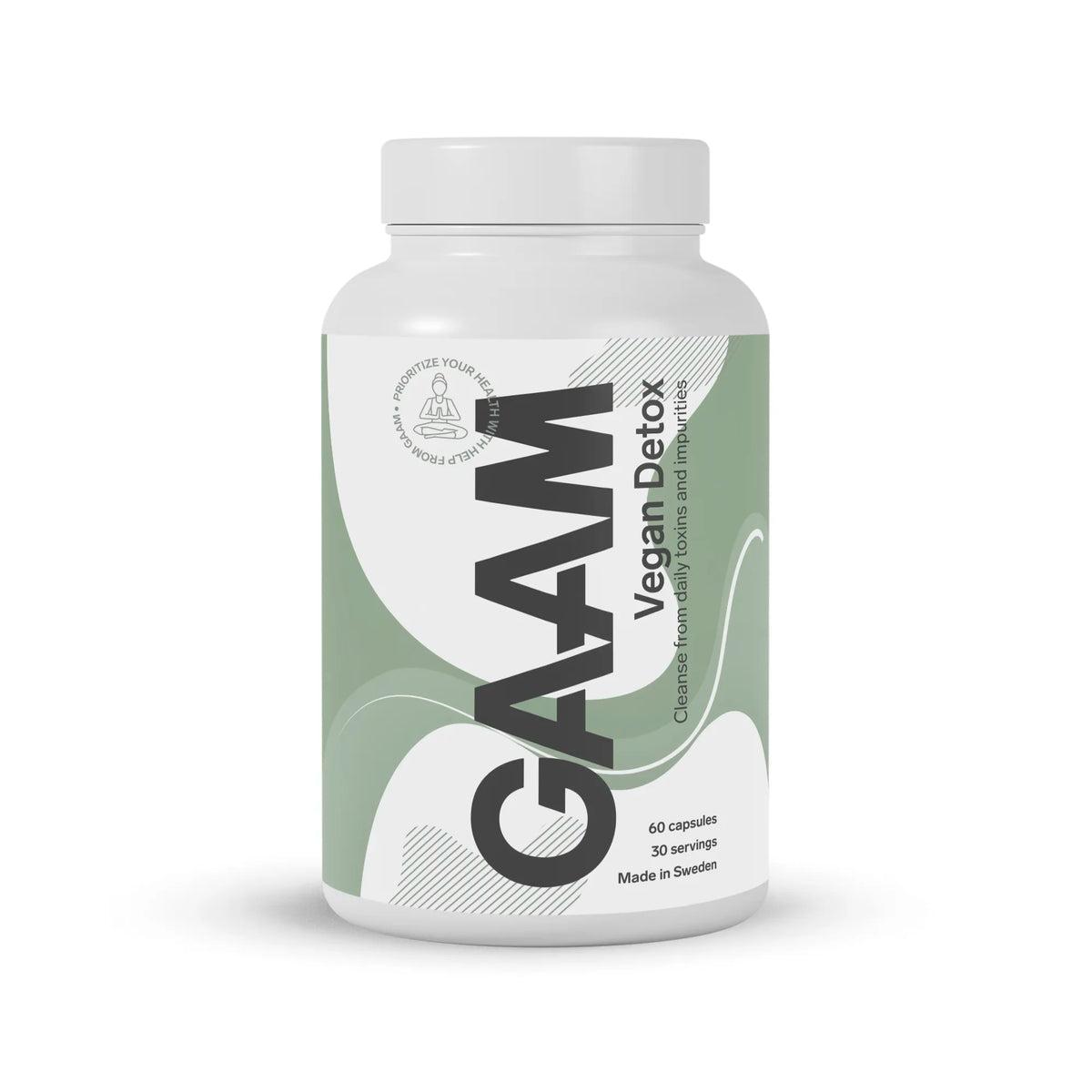GAAM Vegan Detox 60 caps -ravintolisä valkoisessa muovipurkissa vihreävalkoisella etiketillä., kuva 1/1