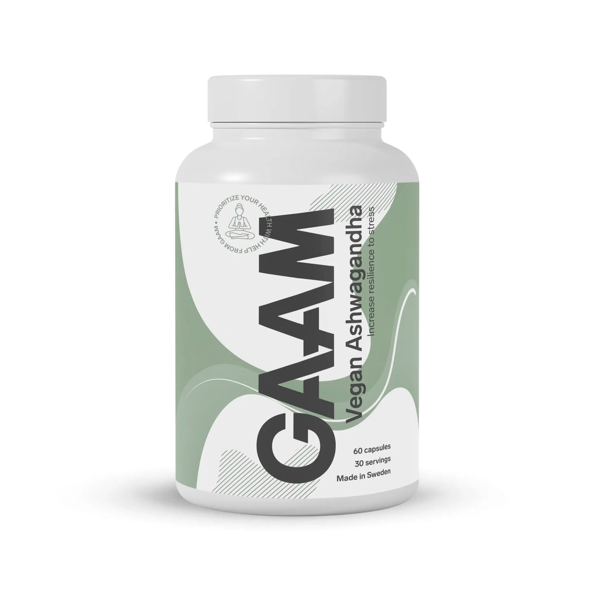 GAAM Vegan Ashwagandha 60 caps -ravintolisä valkoisessa purkissa vaaleanvihreillä graafisilla yksityiskohdilla., kuva 1/1