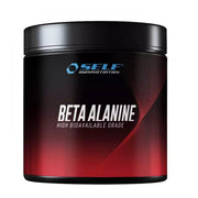 Maustamaton Self Omninutrition Beta-Alanine 200 g -aminohappojauhe mustassa purkissa punaisilla yksityiskohdilla.