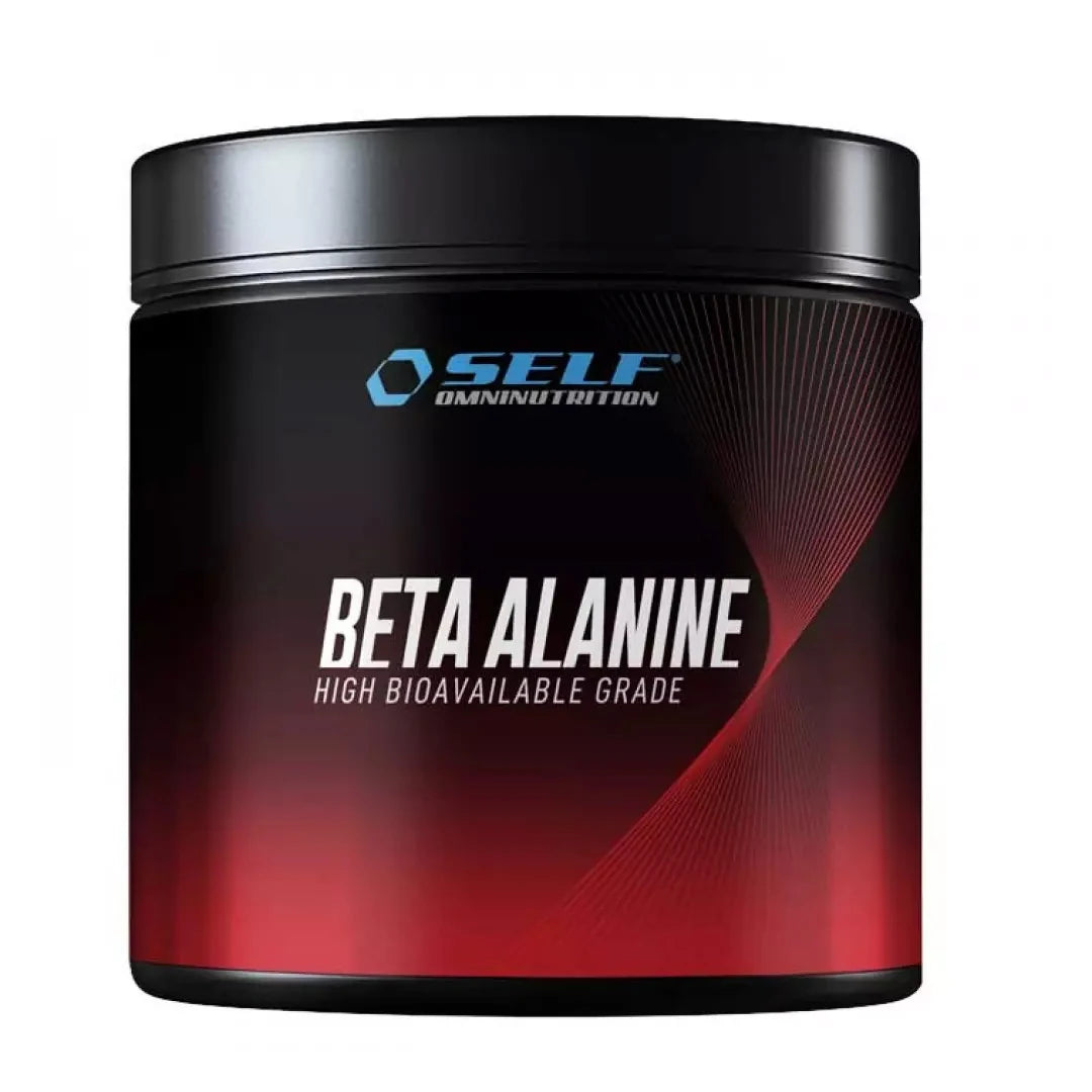 Self Omninutrition Beta-Alanine 200 g naturellt aminosyrapulver i en svart burk med röda detaljer., bild 1 av 1