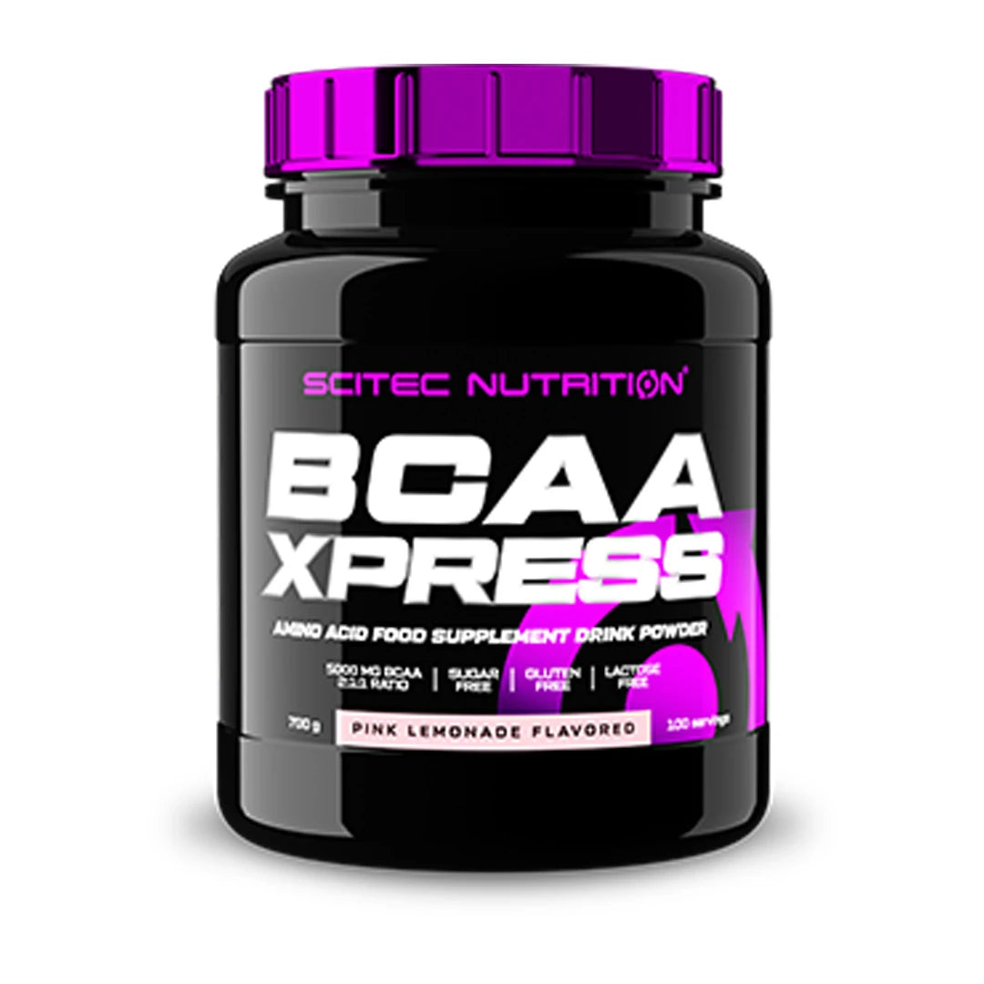 Scitec Nutrition BCAA Xpress 700 g -aminohappojauhe mustassa purkissa pinkeillä yksityiskohdilla, makuna Pink Lemonade., kuva 3/3