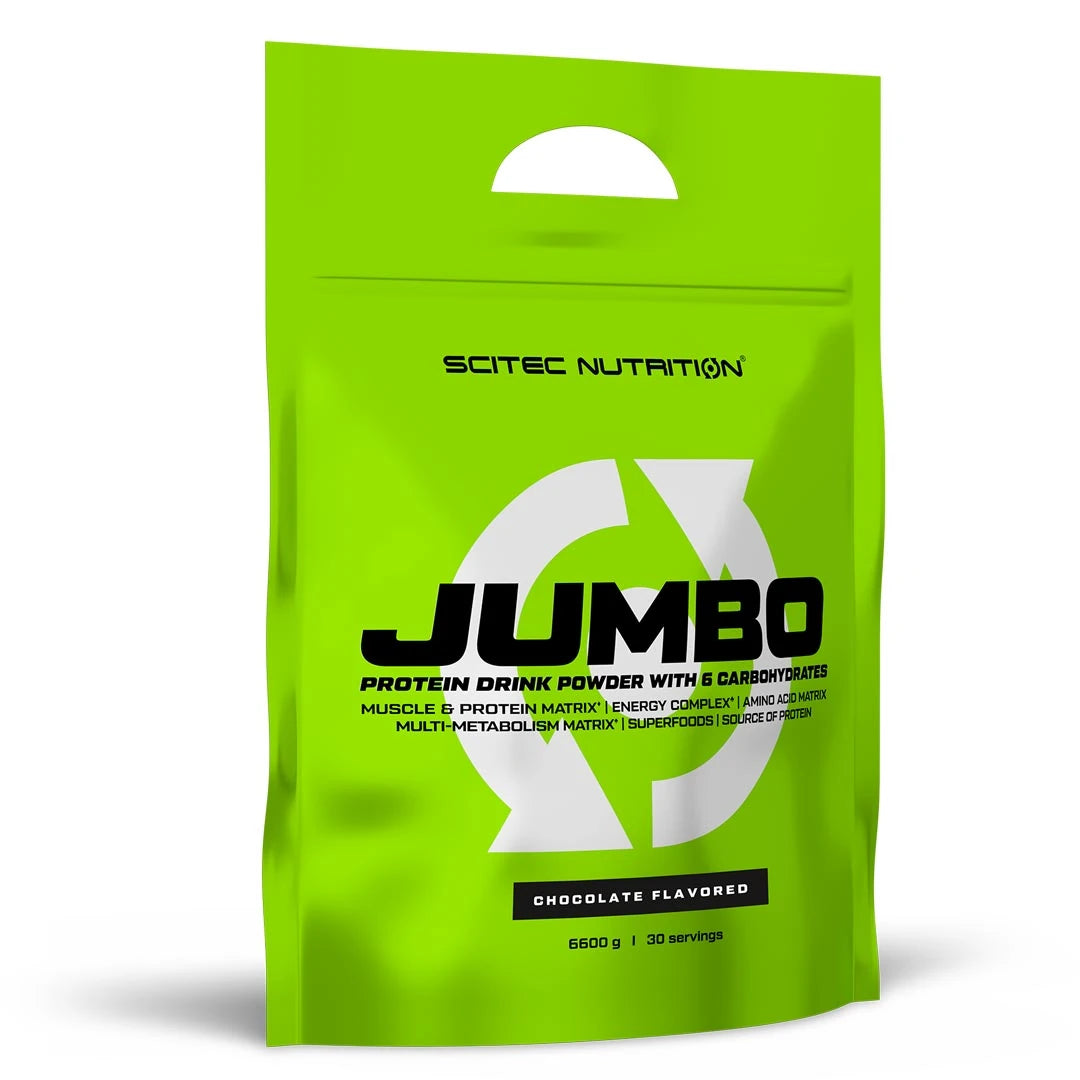 Scitec Nutrition Jumbo 6,6 kg gainer vaaleanvihreässä pussissa mustilla yksityiskohdilla, makuna suklaa., kuva 1/3