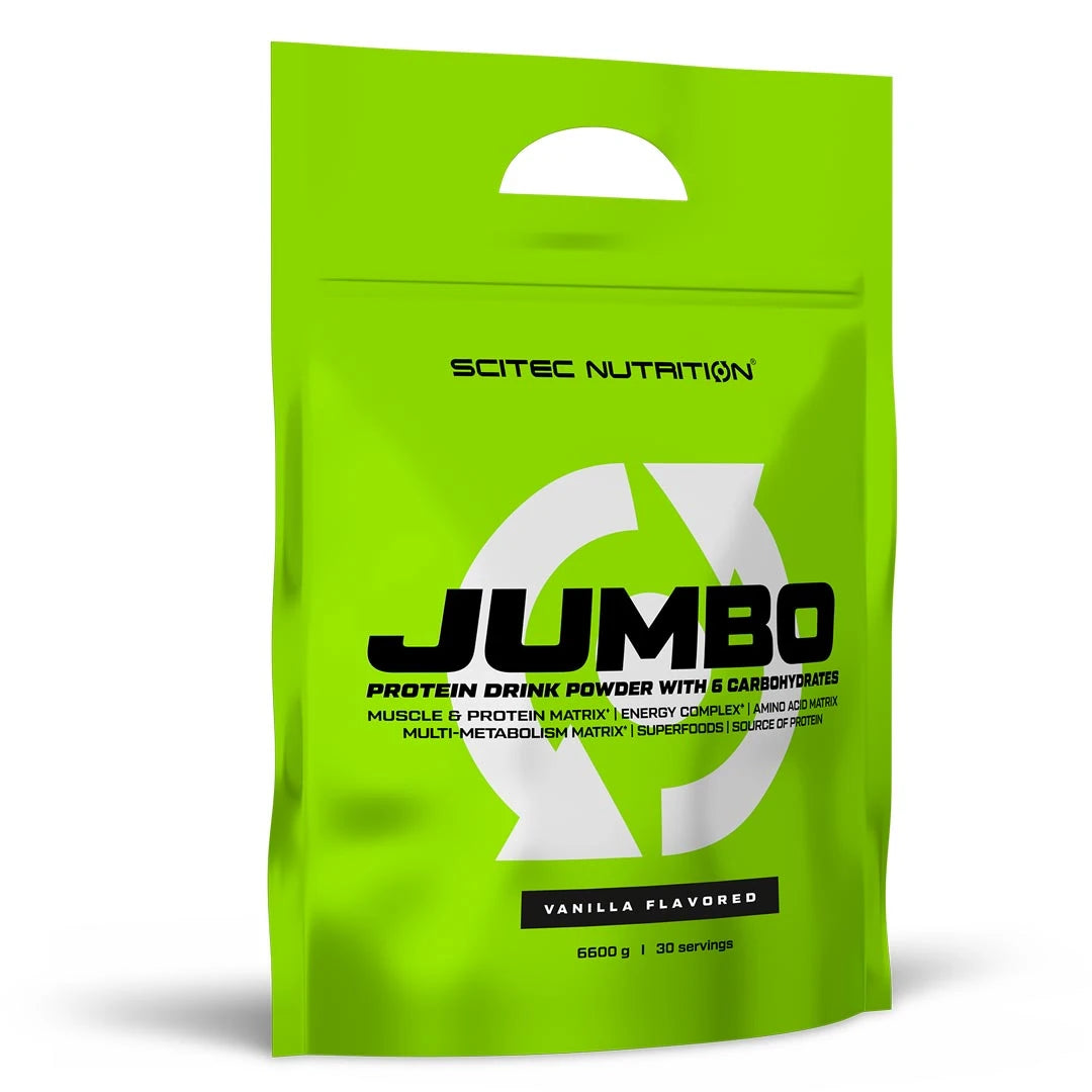 Scitec Nutrition Jumbo 6.6 kg -gainer suuressa vaaleanvihreässä pussissa, makuna vanilja., kuva 2/3