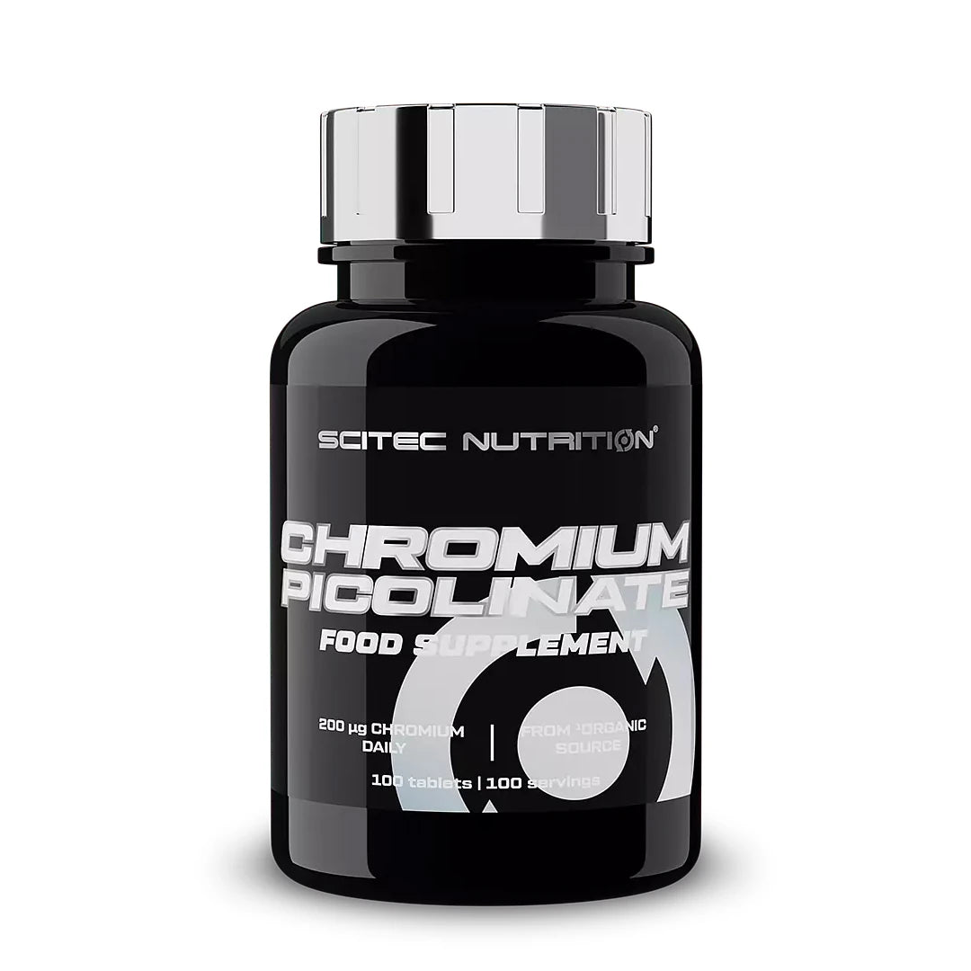 Scitec Nutrition Chromium Picolinate 100 tabs -ravintolisä mustassa muovipurkissa, jossa on hopeanvärinen kansi., kuva 1/1