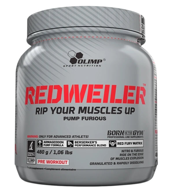 Olimp Redweiler 480 g pre-workout pulver i en grå burk med röd text och svarta detaljer.