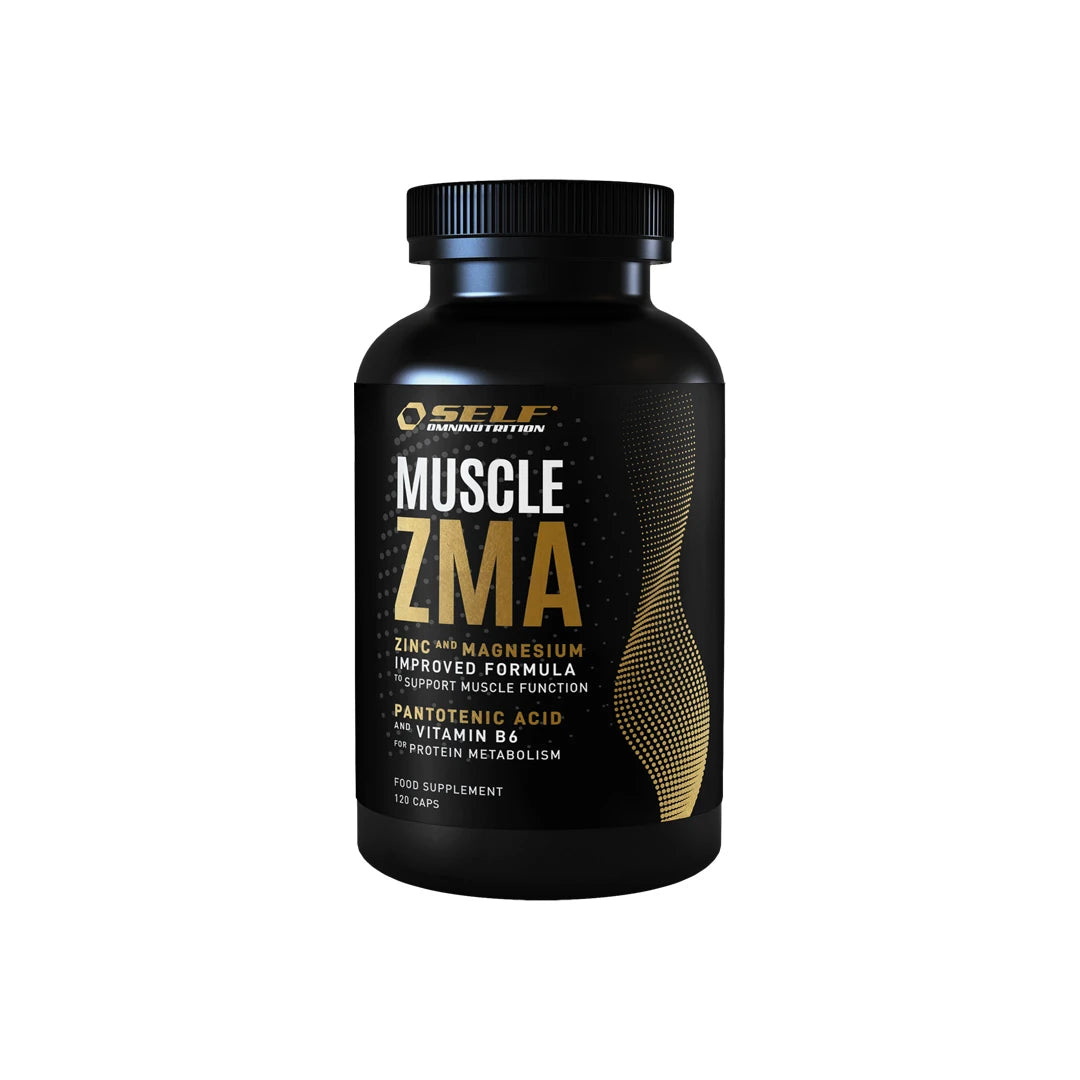 Musta muovipurkki kultaisilla ja valkoisilla yksityiskohdilla: Self Omninutrition Muscle ZMA 120 caps -ravintolisä., kuva 1/1