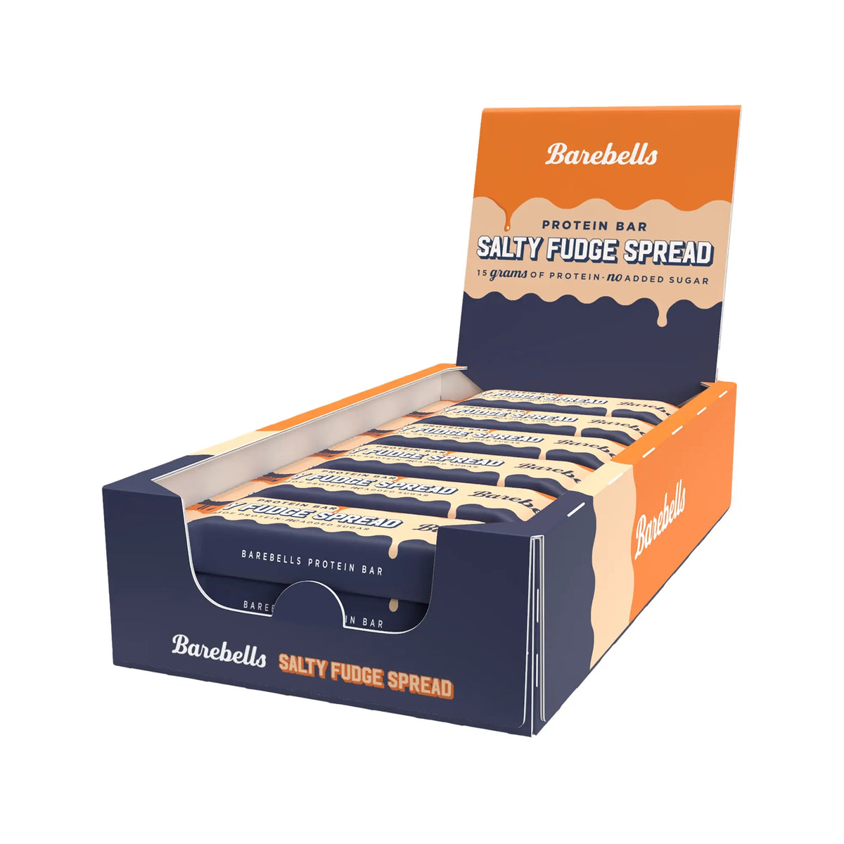 Barebells Protein Bar Spread 45 g Salty Fudge Spread 12-pack tummansinisessä ja oranssissa myyntilaatikossa.