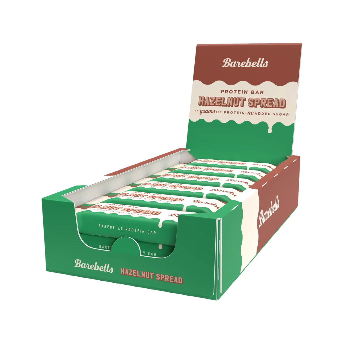 12 x Barebells Protein Bar Spread 45 g Hazelnut Spread vihreässä ja ruskeassa esittelylaatikossa.