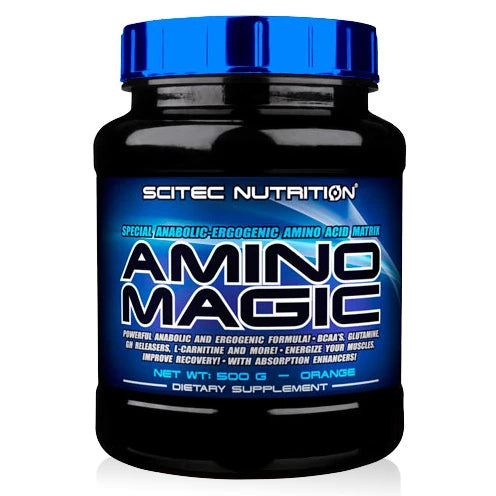 Scitec Nutrition Amino Magic 500 g -aminohappojauhe mustassa purkissa, jossa on sininen kansi ja etiketti, makuna Orange., kuva 1/2