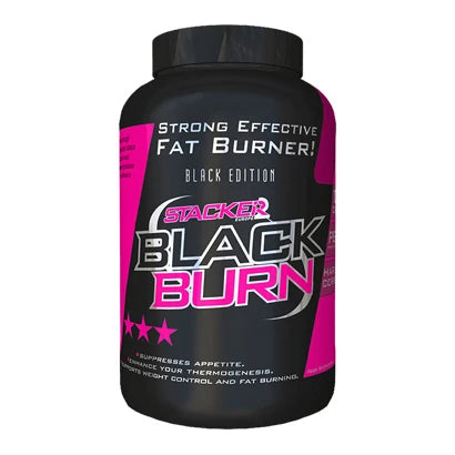 Musta purkki vaaleanpunaisilla ja hopeisilla yksityiskohdilla Stacker2 Black Burn 120 caps -rasvanpolttajaa., kuva 1/1