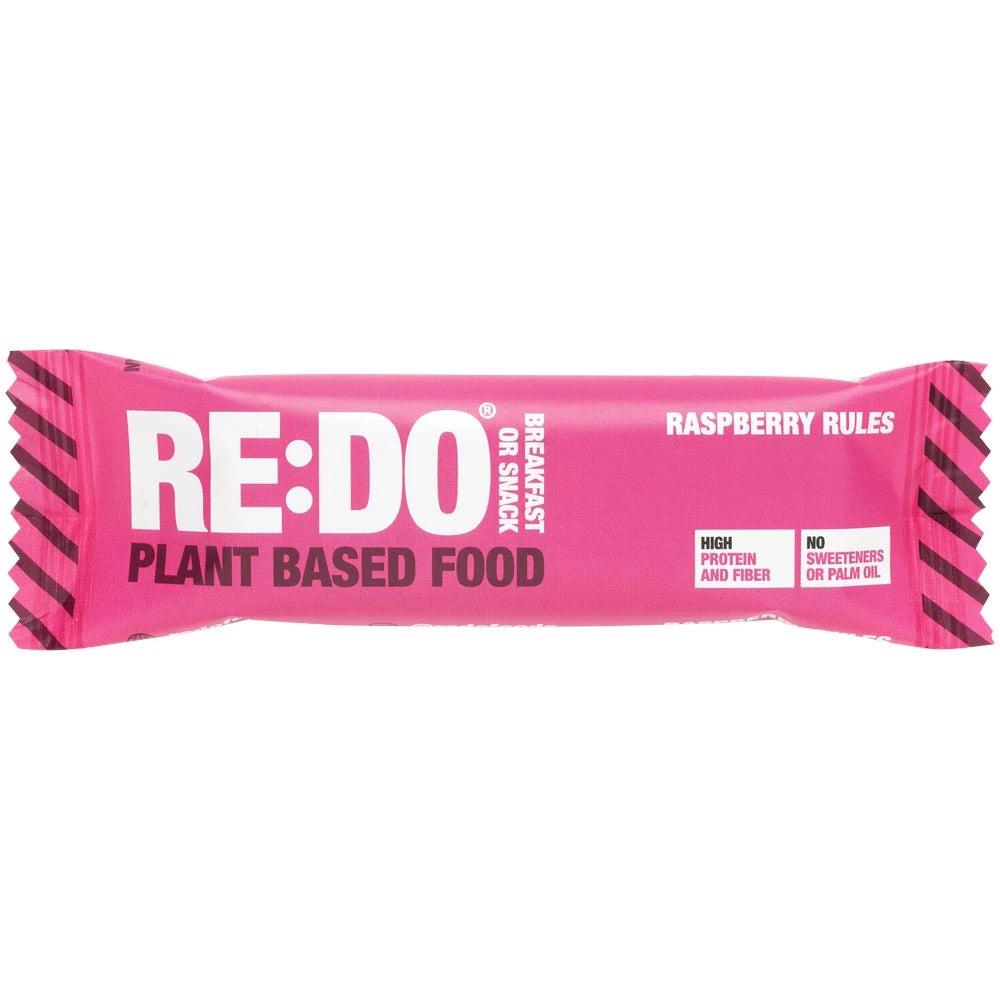 REDO Bar 60 g vegaaninen proteiinipatukka vaaleanpunaisessa pakkauksessa, makuna Raspberry Rules., kuva 2/4