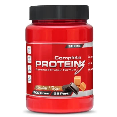 Fairing Complete Protein III 900 g -proteiinijauhe punaisessa, mustakantisessa purkissa, makuna Chocolate Toffee., kuva 2/3