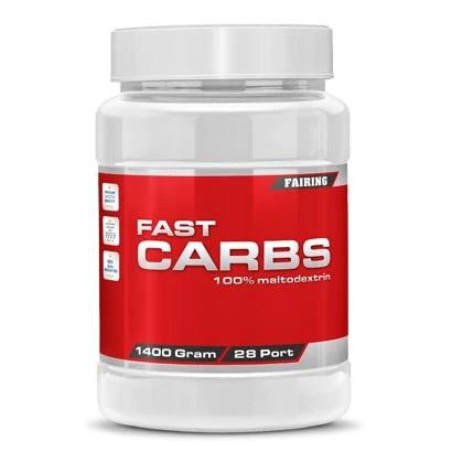 Fairing Fast Carbs 1.4 kg snabba kolhydrater i en vit plastburk med framträdande röd etikett., bild 1 av 1