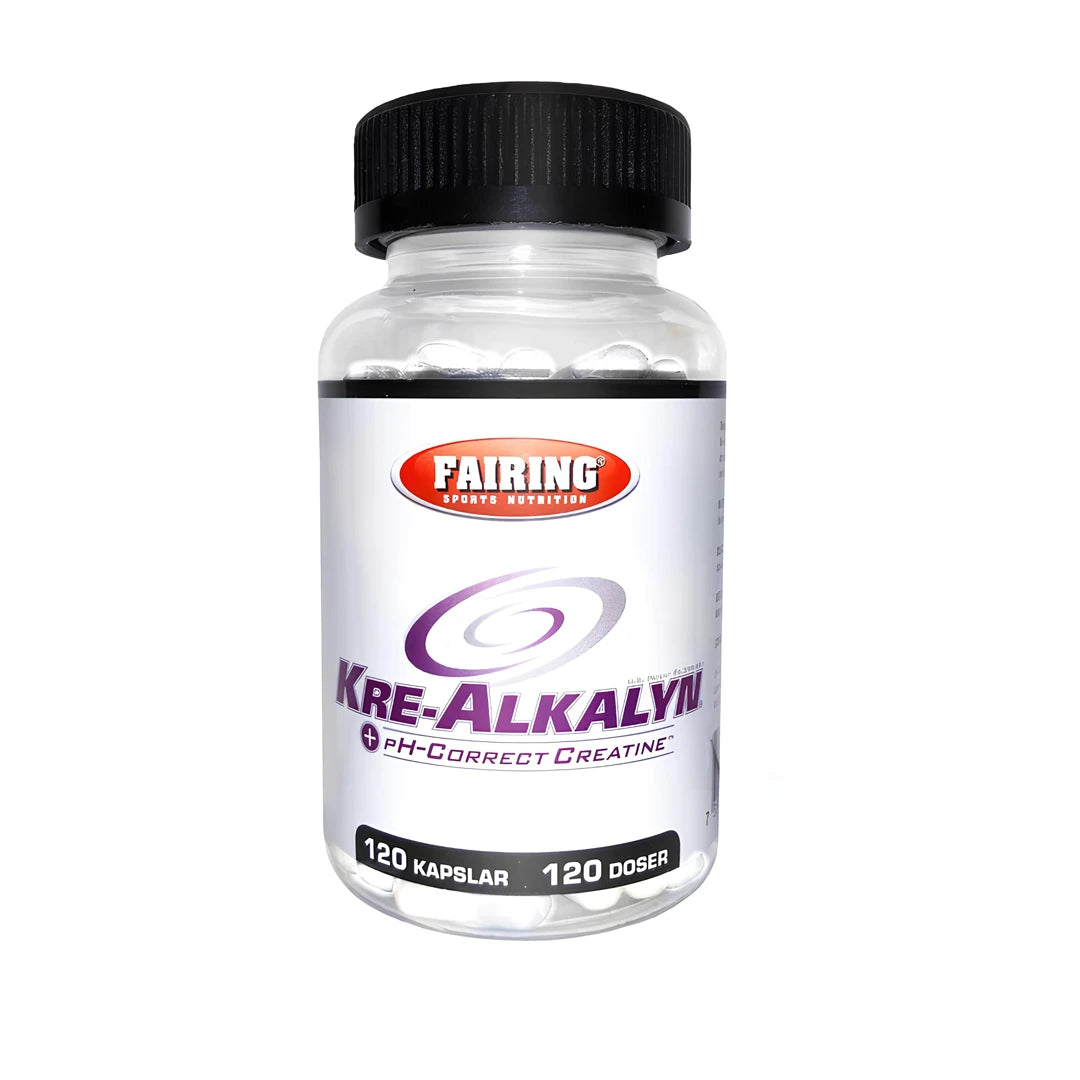 Fairing Kre-Alkalyn 120 caps -kreatiinikapselit läpinäkyvässä purkissa, jossa on musta kansi ja valkoinen etiketti., kuva 1/1