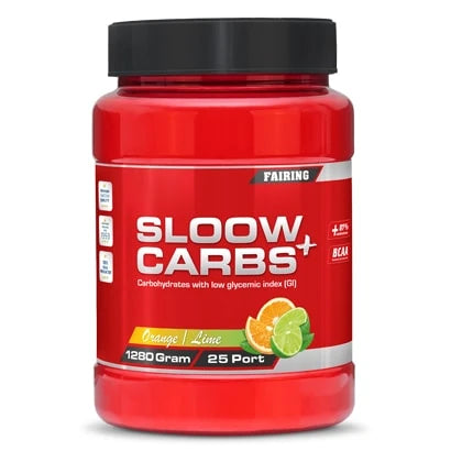 Röd burk med Fairing Sloow Carbs+ 1.2 kg kolhydratpulver i smaken Orange Lime., bild 2 av 2