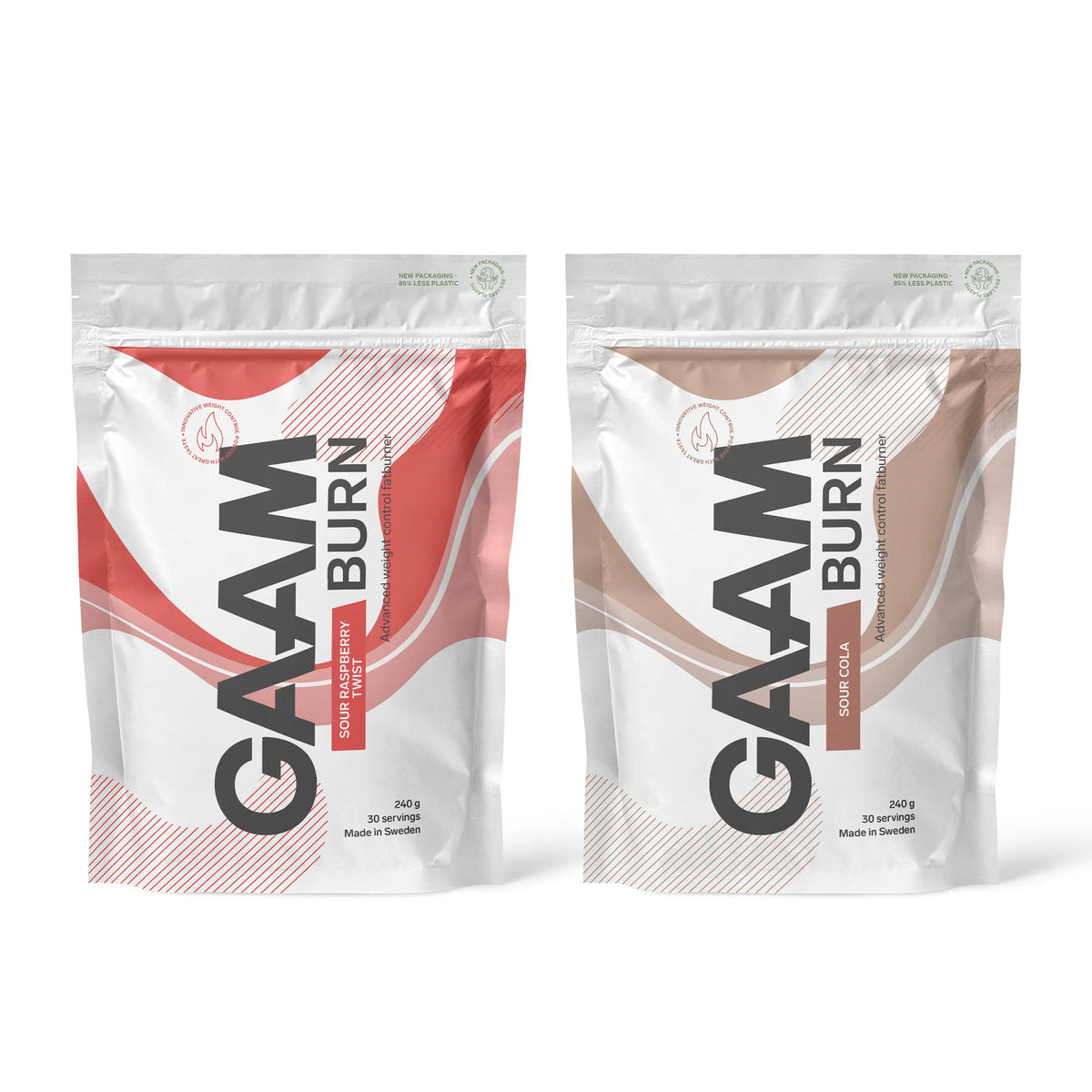 2 x GAAM Burn 240 g i två vita påsar med röda och bruna detaljer för smakerna Sour Raspberry Twist och Sour Cola., bild 1 av 1